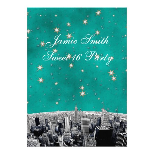Etched NYC Skyline 2 Teal Gold Star Sweet 16 V Cards (front side)