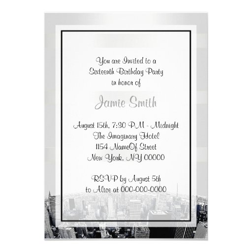 Etched NYC Skyline 2 White, Red Ribbon Sweet 16 Personalized Invite
