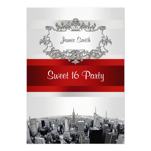 Etched NYC Skyline 2 White, Red Ribbon Sweet 16 Personalized Invite