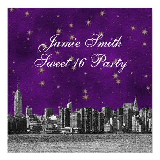 Etched NYC Skyline #3 Purple Gold Star Sweet 16 Personalized Invites