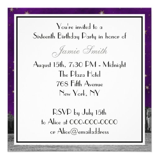 Etched NYC Skyline #3 Purple Gold Star Sweet 16 Personalized Invites