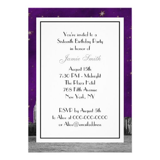 Etched NYC Skyline #3 Purple Gold Star Sweet 16 V Personalized Announcement
