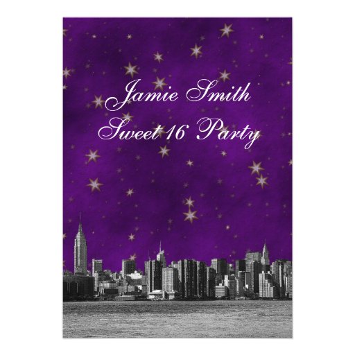 Etched NYC Skyline #3 Purple Gold Star Sweet 16 V Personalized Announcement