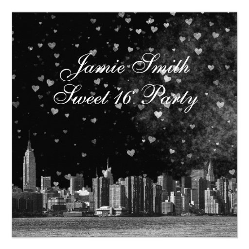 Etched NYC Skyline Black BG White Heart Sweet 16 Announcement