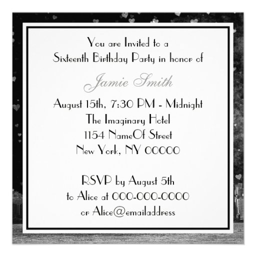 Etched NYC Skyline Black BG White Heart Sweet 16 Announcement