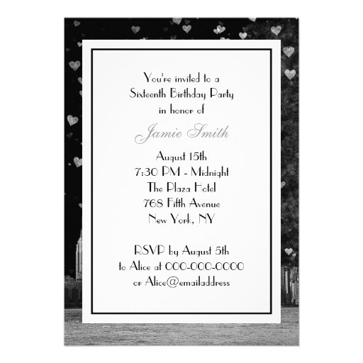 Etched NYC Skyline Black BG White Heart Sweet 16 V Card