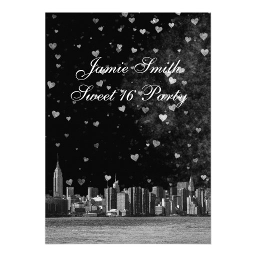 Etched NYC Skyline Black BG White Heart Sweet 16 V Card