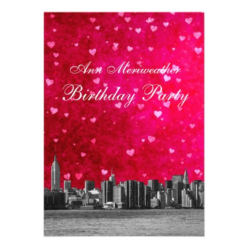Etched NYC Skyline Hot Pink Red Heart Birthday V Announcement