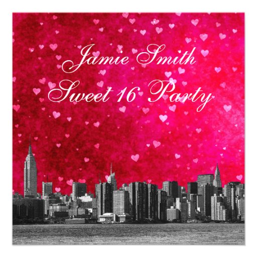 Etched NYC Skyline Hot Pink Red Heart Sweet 16 Announcements