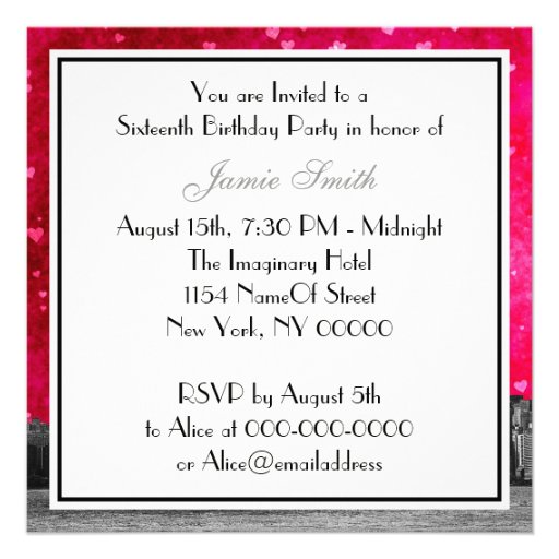 Etched NYC Skyline Hot Pink Red Heart Sweet 16 Announcements
