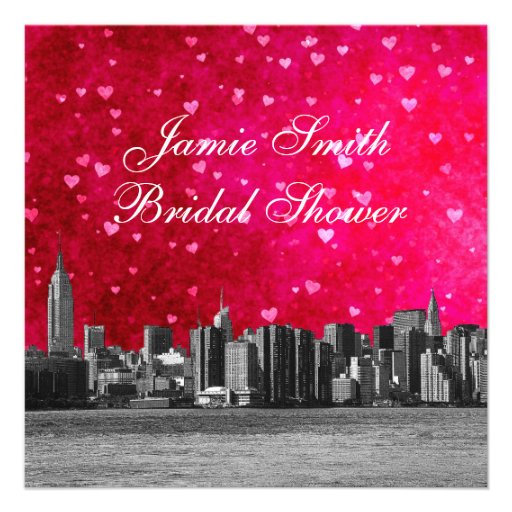 Etched NYC Skyline Hot Pink Red Hrt Bridal Shower Invite