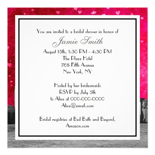 Etched NYC Skyline Hot Pink Red Hrt Bridal Shower Invite