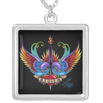 swallow, tattoo, rainbow, heart, love, fae, faerie, fantasy, art, eternal, myka, jelina, Necklace with custom graphic design