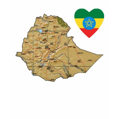 Distinctive t-shirt featuring a physical map of Ethiopia plus a heart shaped