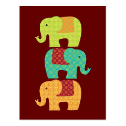 Ethnic Elephants with Flowers on Maroon Red Postcard