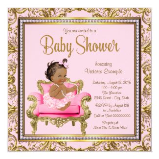 Ethnic Girl Pink Gold Chair Tutu Baby Shower Card