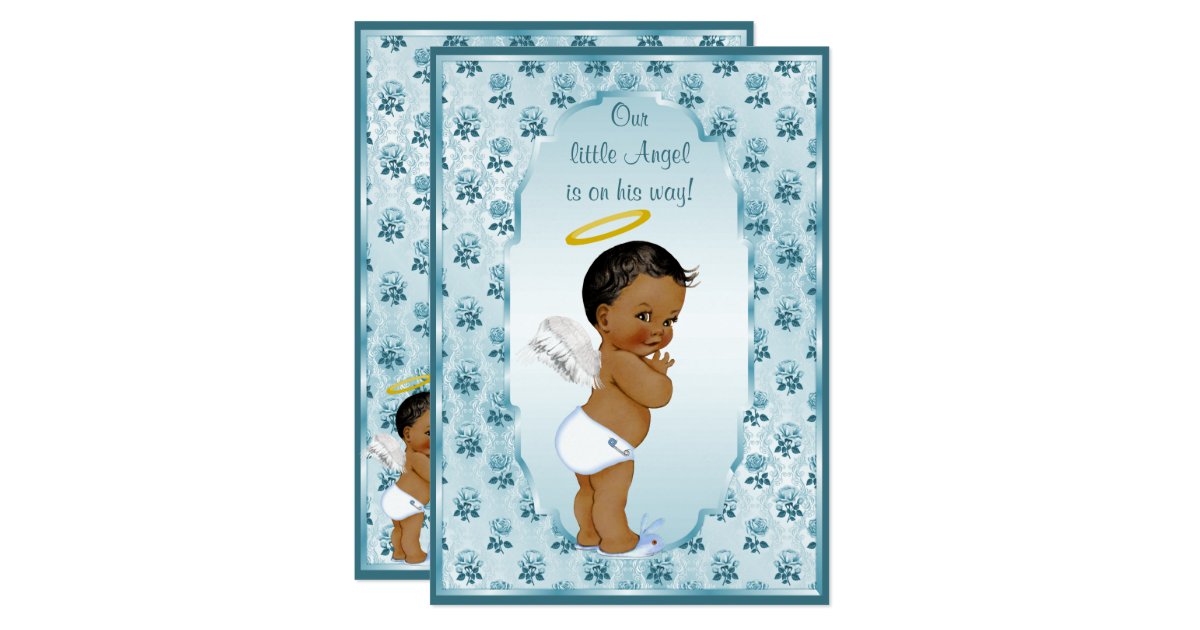 Ethnic Little Boy Angel Blue Roses Baby Shower Card Zazzle