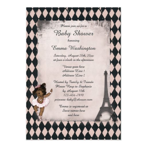 Ethnic Princess Ballerina Eiffel Tower Baby Shower Custom Invitations