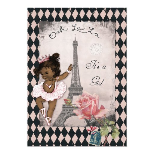 Ethnic Princess Ballerina Eiffel Tower Baby Shower Custom Invitations