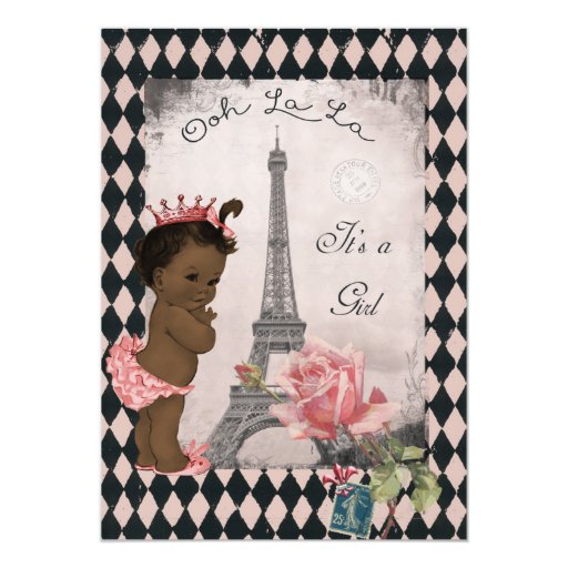 Ethnic Princess Eiffel Tower Rose Baby Shower Custom Invitations