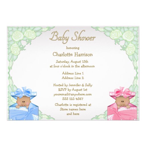 Ethnic Twins in Gift Box Roses Baby Shower Custom Announcement