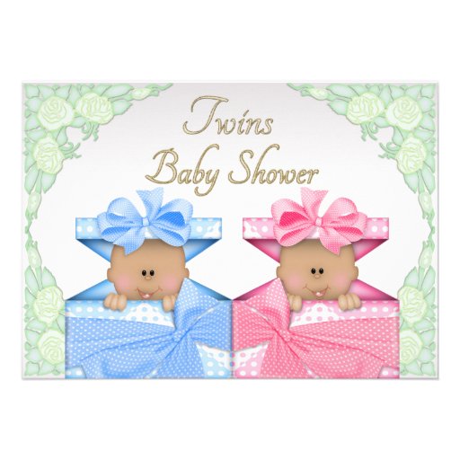 Ethnic Twins in Gift Box Roses Baby Shower Custom Announcement