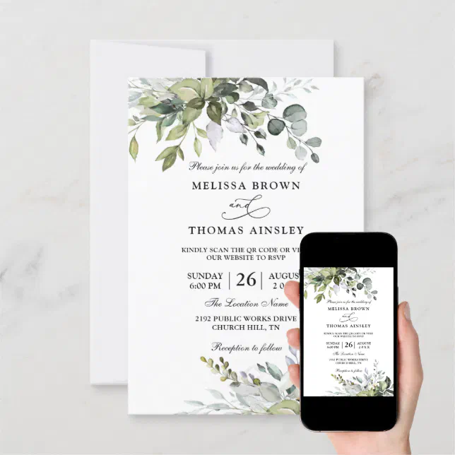 Eucalyptus Elegant Modern Budget QR Code Wedding Invitation Zazzle