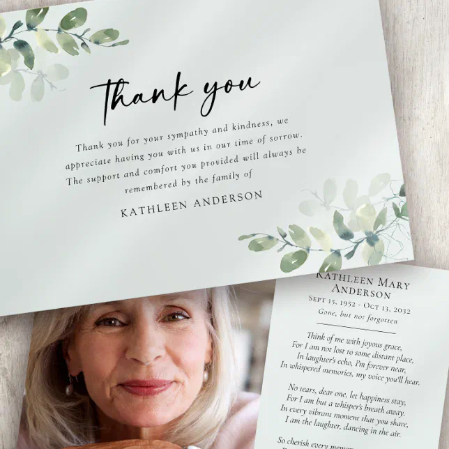 Eucalyptus Photo Sympathy Funeral Thank You Card Zazzle