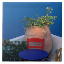 Europe, Greece, Santorini. Terrace with sea view Tiles