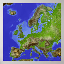 Europe, shaded relief map poster