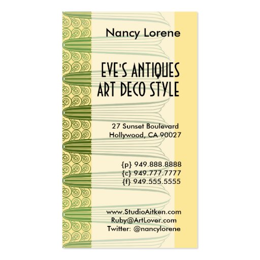 Eve, Art Deco Lady in Yellow and Olive Business Cards (back side)