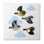 Evening Grosbeaks in flight Tile