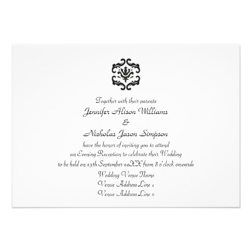 Evening Wedding Reception Black & White Damask Personalized Invite