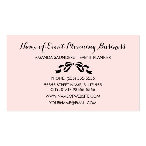 Event Planner Chic Parisian Pink Pinstripes Bow Business Card Template (back side)