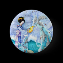Eventide 2" Button, Geisha Dolphin Surreal Art