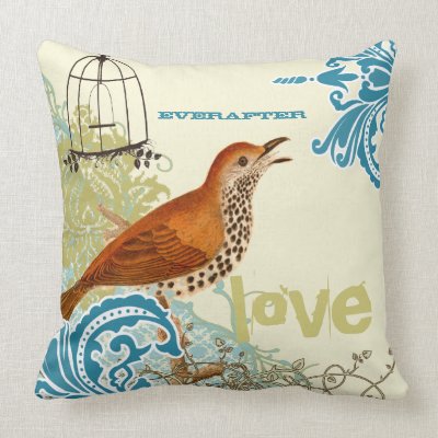Everafter Bride Teal Coral Lime Cute Bird Birdcage Throw Pillows by samack