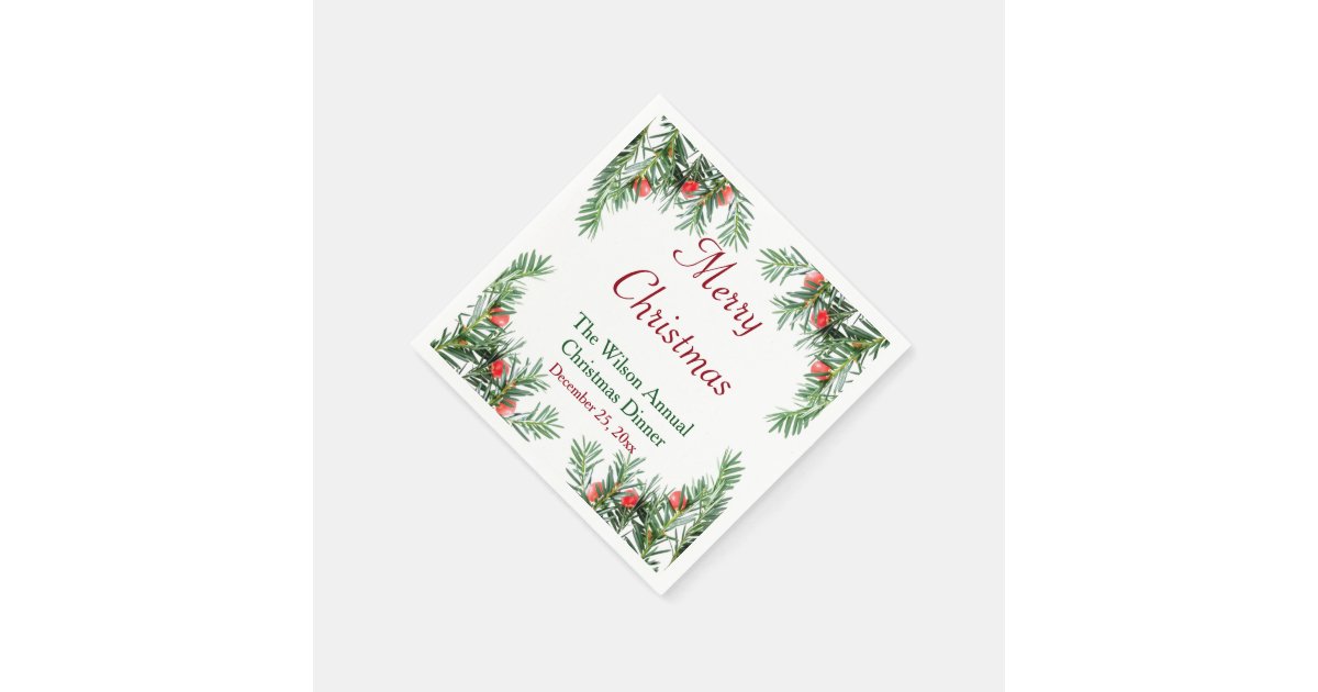 Evergreen and Red Berries Christmas Napkins Zazzle