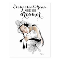 artsprojekt, illustration, dream, dreams, dreaming, art, girl, inspiring, drawing ink, quote, woman, femme, female, Postcard with custom graphic design