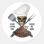 Evil BBQ Skull w/Crossed Utensils & Ribs Round Stickers
