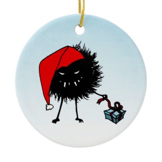 Evil Christmas Bug unpacking a present ornament