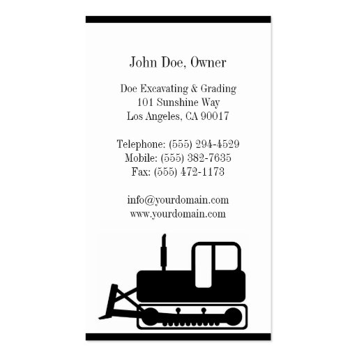 Excavating Grading Contractor Excavator Grader W/W Business Cards (back side)