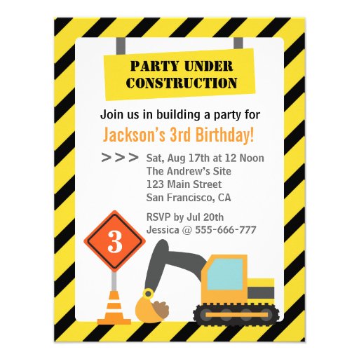 Excavator Construction Theme kids Birthday Party Personalized Invite (front side)