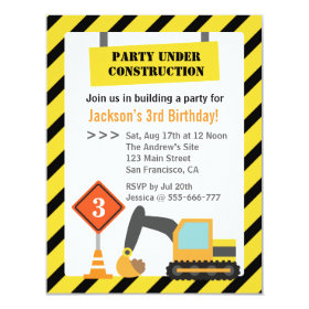 Excavator Construction Theme kids Birthday Party 4.25x5.5 Paper Invitation Card
