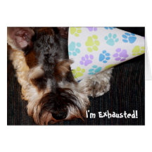 Exhausted Puppy with Party Hat Birthday Card