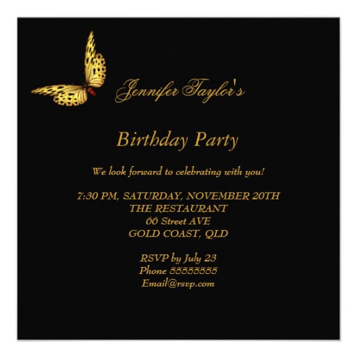 Exotic Gold Black Butterfly Birthday Party Custom Invitations