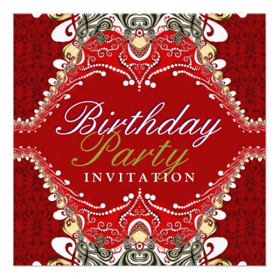Exotic Red Batik Damask Birthday Party Invitations