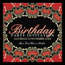 Exotic Red Gold Black Lace Birthday Party Invites invitations