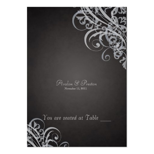 Exquisite Baroque Black & Silver Scroll Placecard Business Card Templates (front side)