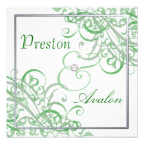 Exquisite Baroque Green Scroll White Invitation