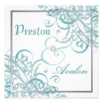 Exquisite Baroque Teal Scroll White Invitation